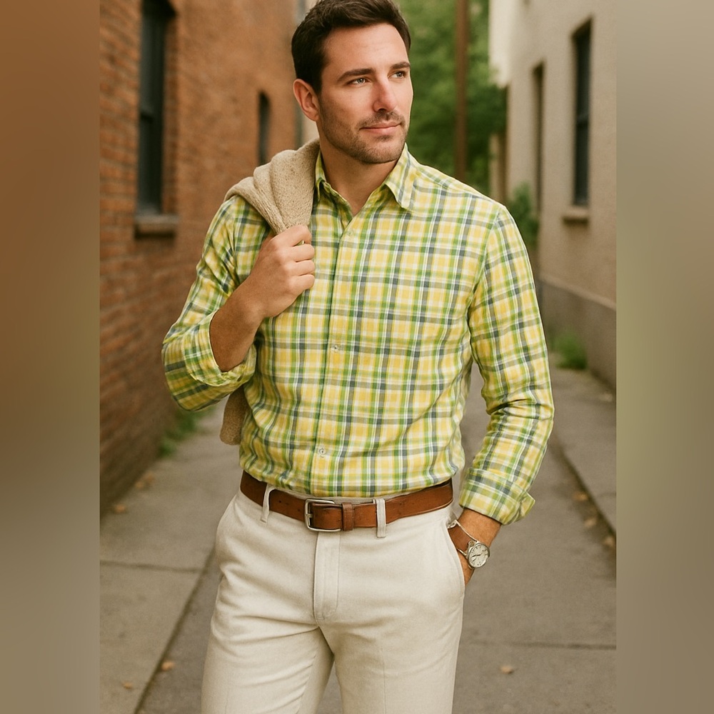 J.Crew  Yellow,Olive, Khaki, and White Plaid Button Down shirt Size Large